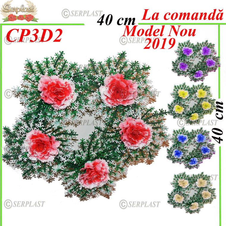 Coroană Funerară artificială cu frunza 3D cu 6 garoafe 3D Ø40-Coroane cu frunza 3D cu garoafe 3D-Serplast