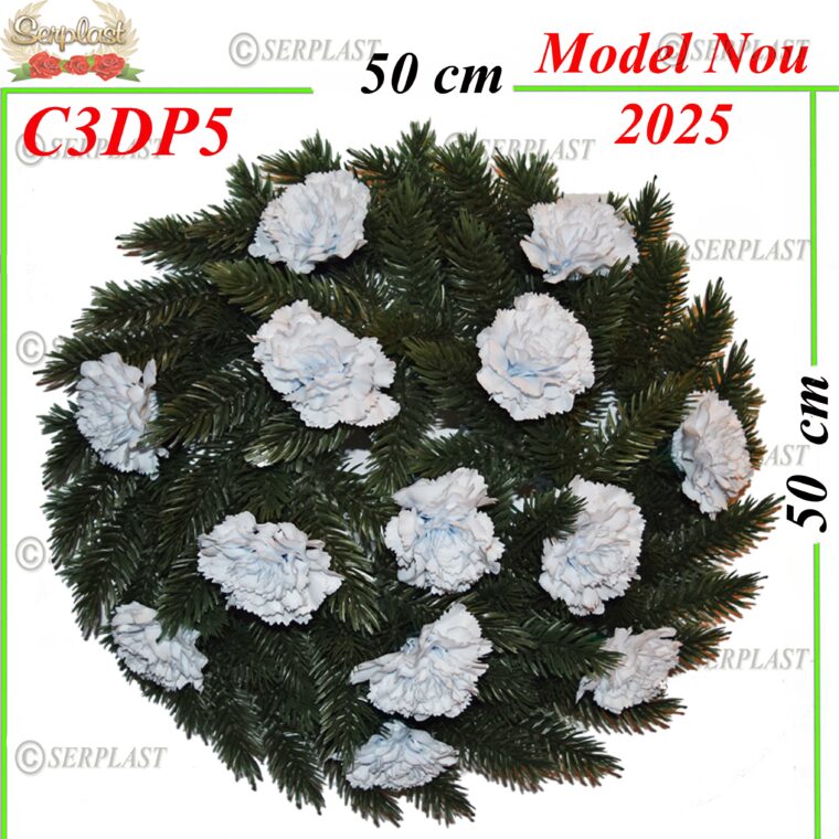 Coroană Funerară artificială 3d Deluxe Ø50 cu 48 crengi împodobit cu garoafe 3d - natural -w