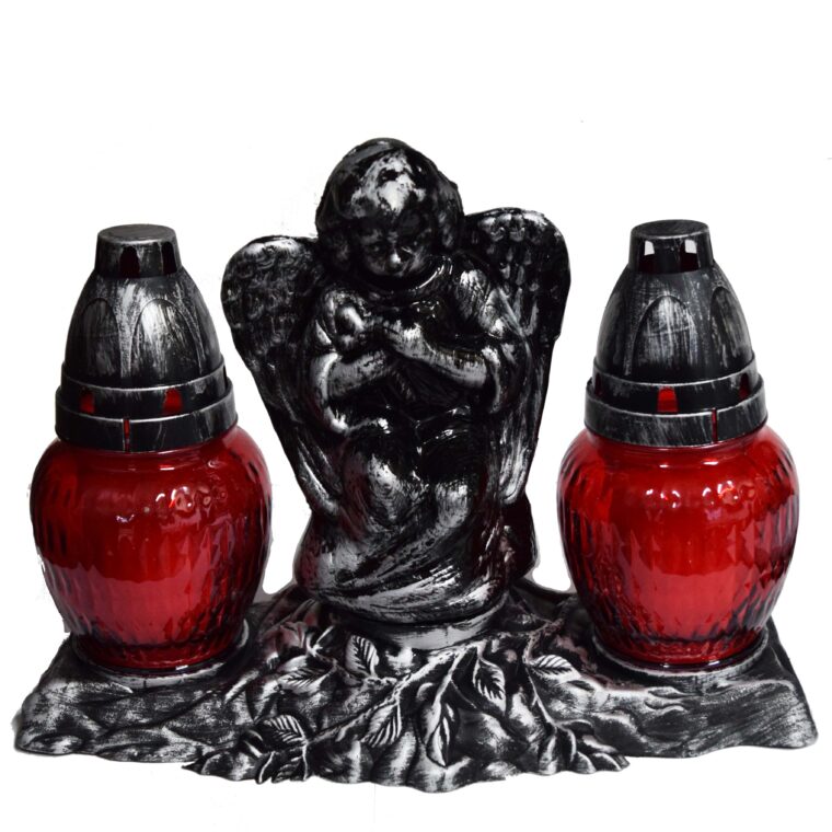 Candela dubla rosu cu ingeras argintiu, 14.5 lei , 20cm, C289-1