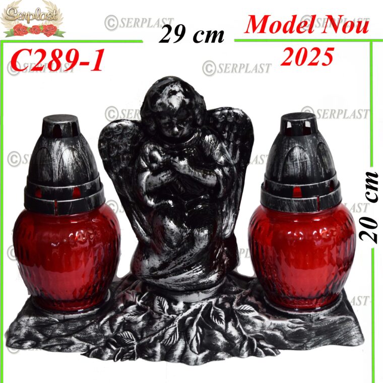 Candela dubla rosu cu ingeras argintiu, 14.5 lei , 20cm, C289-1 -w