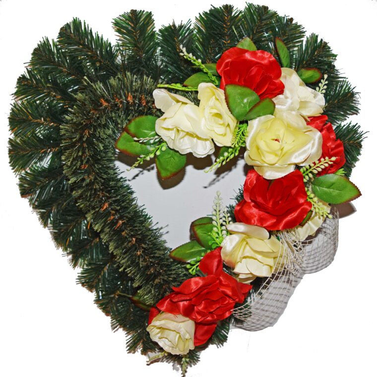 Coroană Funerară artificială din Pin & Brad Inimă gol cu pin de 6cm Îndoit (set de 5 buc), impodobit extra (set de 5 buc)